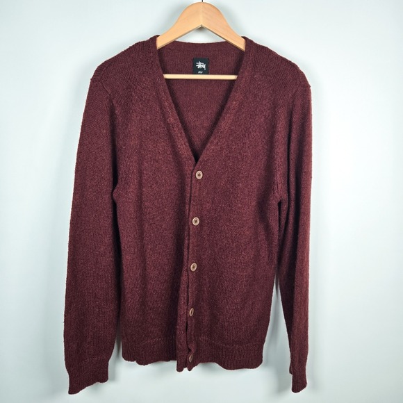 Stussy Brushed V Neck Cardigan Wool Blend Burgundy Red Womens Large L Sweater - Picture 1 of 7